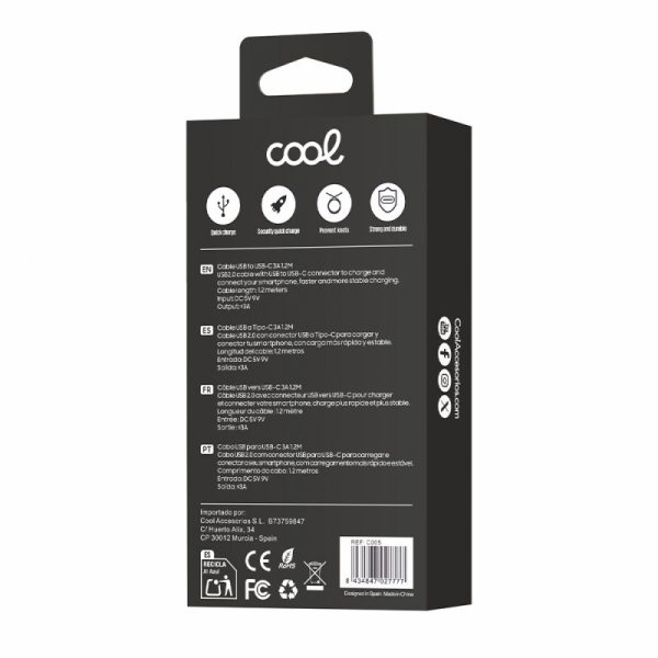 Cabo USB universal COOL compatível TYPE-C (1,2 metros) Preto 3A