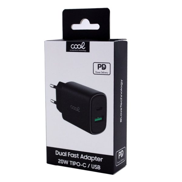 Carregador de rede Universal Fast Charger (PD) Dual Type-C / USB COOL (20W) Preto