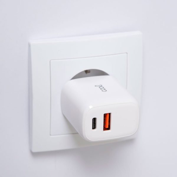 Carregador de rede Universal Fast Charger (PD) Dual Type-C / USB COOL (20W) Branco