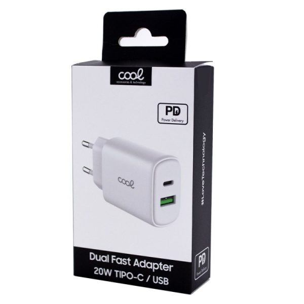 Carregador de rede Universal Fast Charger (PD) Dual Type-C / USB COOL (20W) Branco