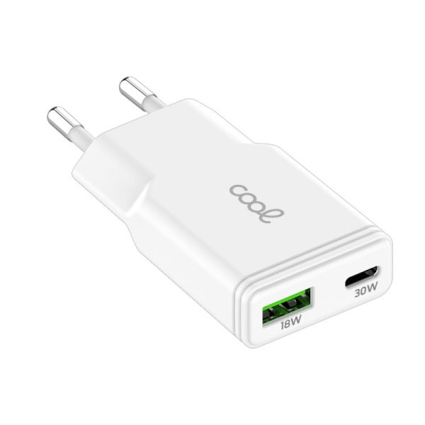 Carregador de Rede Universal Fast Charger (PD) Dual Type-C / USB COOL (30W) Branco