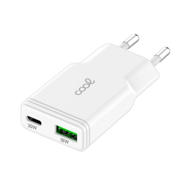 Carregador de Rede Universal Fast Charger (PD) Dual Type-C / USB COOL (30W) Branco