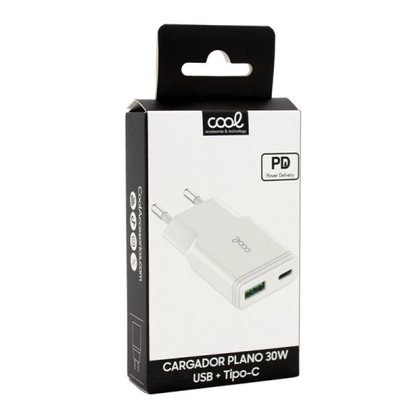 Carregador de Rede Universal Fast Charger (PD) Dual Type-C / USB COOL (30W) Branco